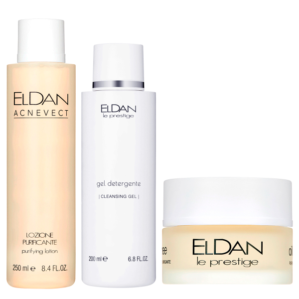 Набор Очищающий гель + Очищающий тоник-лосьон + Увлажняющий крем-гель для жирной кожи ELDAN Cosmetics 200 / 250 / 50 мл